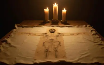 Das Leichentuch Jesu, mit Kerzenlicht beleuchtet, zeigt die Abbildung eines Mannes mit ausgebreiteten Armen.