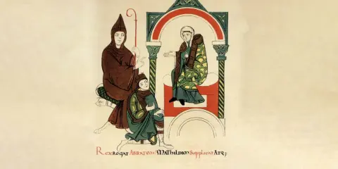 Heinrich IV. bittet die Äbtissin Mathilde um etwas.