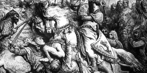 Ein Ritter, wie ein Gott des Krieges, erhebt seine Waffe im Kampf. Um ihn herum ein tobendes Schlachtfeld mit vielen Kriegern.