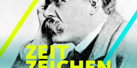 Ein Mann mit Schnurrbart, der über den ewigen Kreis nachdenkt, im Stil eines historischen Podcasts.