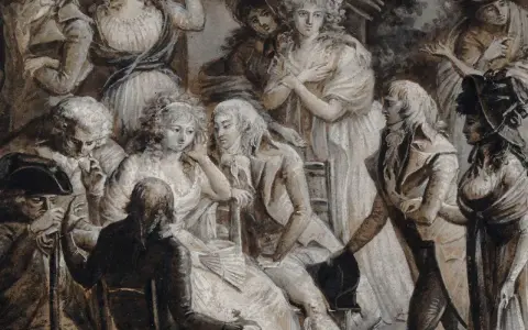 Eine Szene mit vielen Menschen im Stil von de Staël. Damen in eleganten Kleidern und Herren in historischen Kostümen.