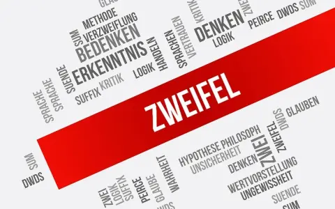 Wortwolke mit "ZWEIFEL" im Zentrum. Begriffe wie "Glaube", "Denken", "Erkenntnis" und "Ungewissheit" umgeben ihn, was das agnostische Glauben und die Suche nach Wahrheit widerspiegelt.