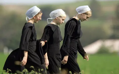 Drei junge Frauen in schwarzen Kleidern und weißen Hauben gehen über ein Feld. Sie verkörpern die Einfachheit, was bedeutet, amish zu leben.
