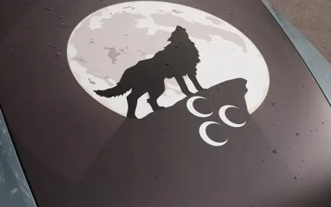 Ein grauer Wolf heult den Mond an, der auf einem Felsen steht. Drei weiße Halbmonde sind unter ihm.