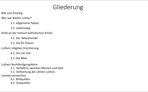 Gliederung zu Martin Luthers Kritik, seinen Lehren und den 5 wichtigsten Thesen, inklusive Ablasshandel und 95 Thesen.