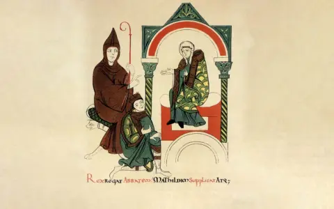 Heinrich IV. bittet die Äbtissin Mathilde um etwas.