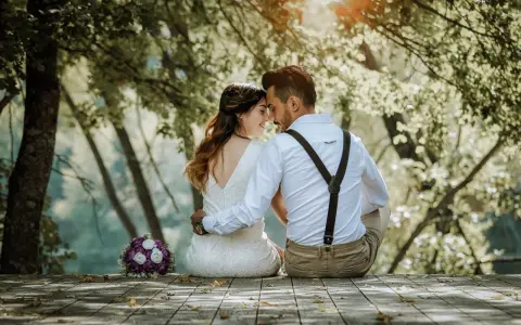 Ein Brautpaar sitzt im Freien, umgeben von Bäumen. Sie halten sich an den Händen und blicken sich liebevoll an. Ein Brautstrauß liegt daneben. Ein Bild, das ihr katholisches Eheversprechen symbolisiert.