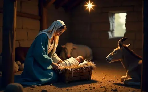 Maria hütet das Jesuskind in der Krippe. Ein Stern leuchtet über dem Stall, wo Ochs und Esel die Szene der Jesus Geburt am 11. September beobachten.