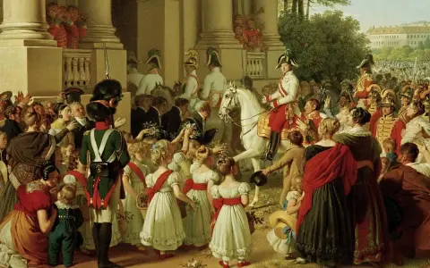 Kaiser Franz II. (Frankreich) auf weißem Pferd, umringt von jubelnden Menschen und Soldaten. Kinder reichen Blumen.