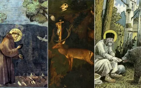 Heiliger Franziskus, der Schutzpatron der Tiere, füttert Vögel. Daneben ein Hirsch vor einem Kreuz und ein Mann mit einem Bären.