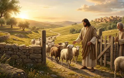 Jesus, der Herr, ist kein Hirte, sondern führt Schafe mit einem älteren Mann durch eine sonnige Landschaft.