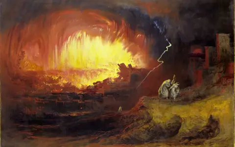 Feuerregen und Blitze vernichten Sodom und Gomorrha. Zwei Gestalten blicken auf die Zerstörung, während eine einsame Figur flieht.