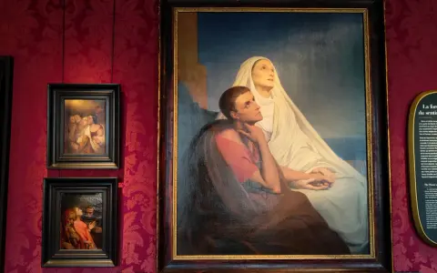 Gemälde von Ary Scheffer: Eine Frau in Weiß und ein Mann in Rot blicken hoffnungsvoll nach oben.