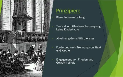 Historische Darstellung einer Kirche mit Predigtstuhl. Erläutert Prinzipien, die zeigen, was sind Mennoniten: Glaubenstaufe, Gewaltfreiheit, Trennung von Staat und Kirche.