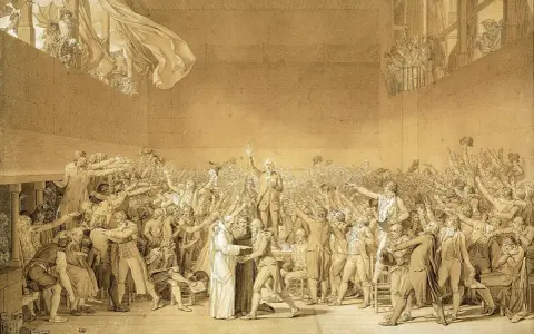 Ein Schwur im Ballhaus von Versailles, Frankreich, 17. Jahrhundert. Eine Menge erhebt die Hände, um einen Eid zu leisten.