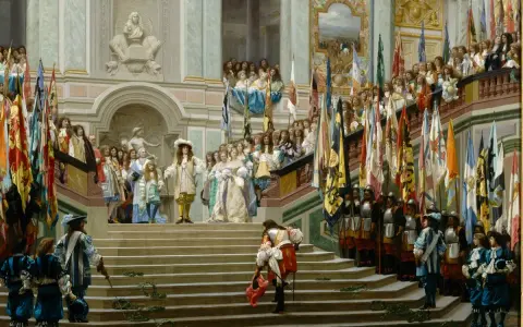 Prunkvolle Zeremonie mit Ludwig XV. und seinen Kindern. Viele Fahnen und festlich gekleidete Menschen auf einer Treppe.