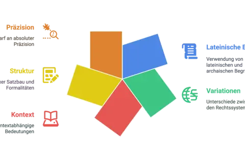 Diagramm zeigt Elemente des lateinischen Rechts: Präzision, Struktur, Kontext, lateinische Begriffe und Variationen.