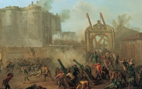 Sturm auf die Bastille, Paris, 17. Jahrhundert. Kanonen feuern, Menschen kämpfen vor der Festung.