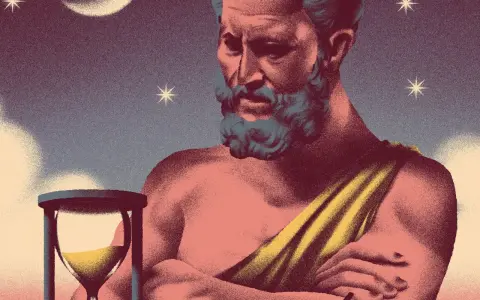 Der Gott Kairos, Sinnbild des rechten Augenblicks, blickt nachdenklich auf eine Sanduhr unter Sternenhimmel.