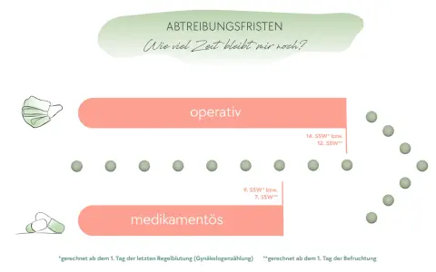 Übersicht über Abtreibungsfristen: Operativ bis 14. SSW, medikamentös bis 9. SSW. Wie viel Zeit bleibt mir noch?