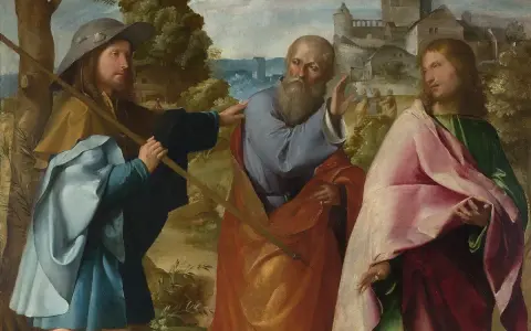 Pilger auf dem Weg nach Emmaus. Ein junger Mann mit Pilgerhut und Stab spricht mit einem älteren Mann, während ein dritter Mann in bunten Gewändern zuhört. Dies könnte die Szene sein, was passierte am Ostermontag.