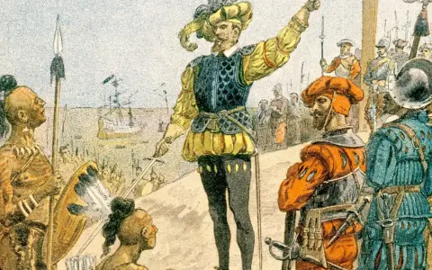 Europäische Entdecker treffen auf Ureinwohner, ein Moment der frühen kanada kolonie. Ein Anführer mit Schwert und Federhut spricht.