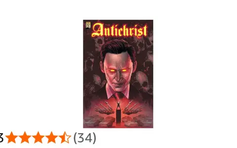 Comic-Cover: Ein Mann mit glühenden Augen, umgeben von Totenköpfen und Panzern. Die Bedeutung des Antichristen wird hier düster dargestellt.