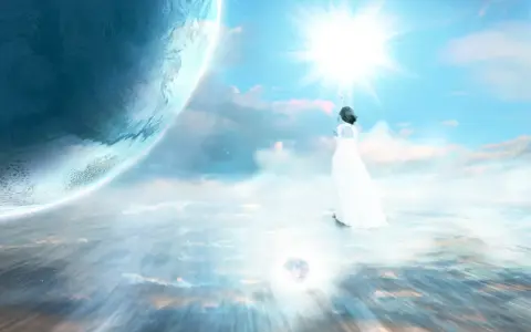 Eine Frau im weißen Kleid streckt die Hände zum Licht. Ein Planet im Hintergrund. Nach dem Tod kommt nichts, nur Leere und Licht.