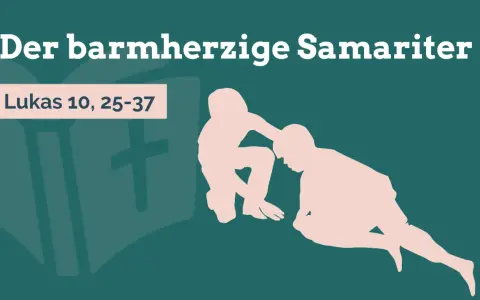 Der barmherzige Samariter hilft einem Verletzten. Eine Bibel und ein Kreuz sind im Hintergrund angedeutet.