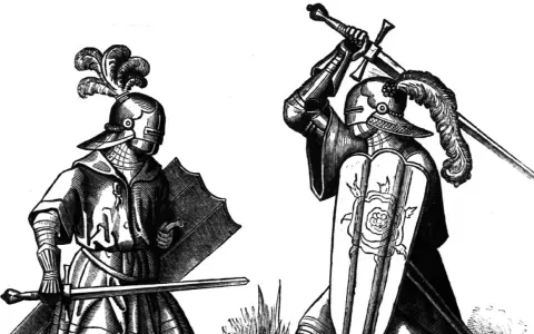 Zwei Ritter in voller Rüstung mit Federschmuck auf den Helmen und Schwertern in den Händen. Ein Kampf, der zeigt, wie wurde man ritter.