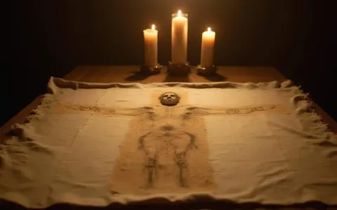Das Leichentuch Jesu, mit Kerzenlicht beleuchtet, zeigt die Abbildung eines Mannes mit ausgebreiteten Armen.