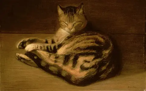 Ein gestreifter Kater ruht sich aus, gemalt von Theophile Steinlen.