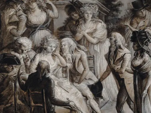Eine Szene mit vielen Menschen im Stil von de Staël. Damen in eleganten Kleidern und Herren in historischen Kostümen.
