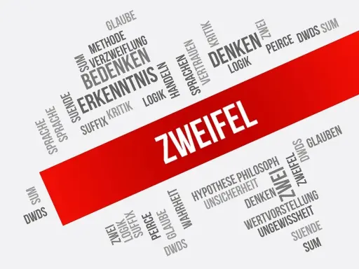 Wortwolke mit "ZWEIFEL" im Zentrum. Begriffe wie "Glaube", "Denken", "Erkenntnis" und "Ungewissheit" umgeben ihn, was das agnostische Glauben und die Suche nach Wahrheit widerspiegelt.