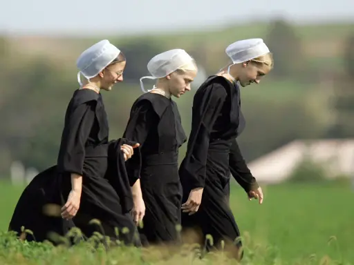 Drei junge Frauen in schwarzen Kleidern und weißen Hauben gehen über ein Feld. Sie verkörpern die Einfachheit, was bedeutet, amish zu leben.