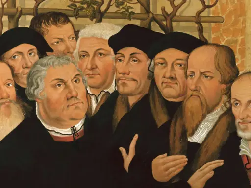 Porträtgruppe von Reformatoren, darunter Martin Luther und John Calvin, mit ernsten Blicken und prächtigen Gewändern.