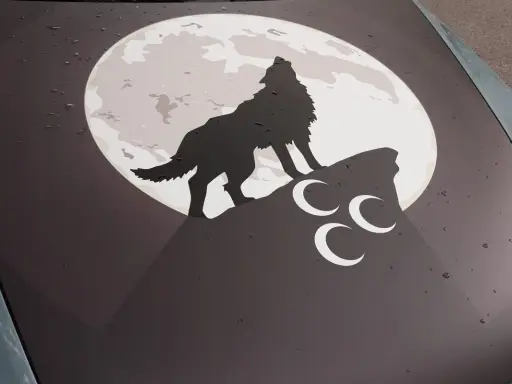 Ein grauer Wolf heult den Mond an, der auf einem Felsen steht. Drei weiße Halbmonde sind unter ihm.