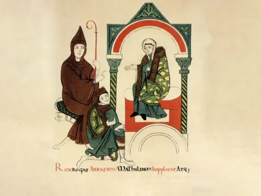 Heinrich IV. bittet die Äbtissin Mathilde um etwas.