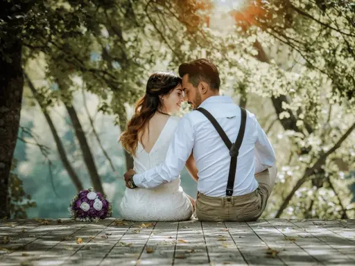Ein Brautpaar sitzt im Freien, umgeben von Bäumen. Sie halten sich an den Händen und blicken sich liebevoll an. Ein Brautstrauß liegt daneben. Ein Bild, das ihr katholisches Eheversprechen symbolisiert.