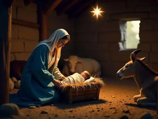 Maria hütet das Jesuskind in der Krippe. Ein Stern leuchtet über dem Stall, wo Ochs und Esel die Szene der Jesus Geburt am 11. September beobachten.