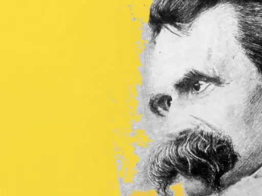 Nietzsches Porträt auf gelbem Grund. Er sieht aus wie ein weiser, alter Mann, der seinem blonde bestie Ratschläge gibt.