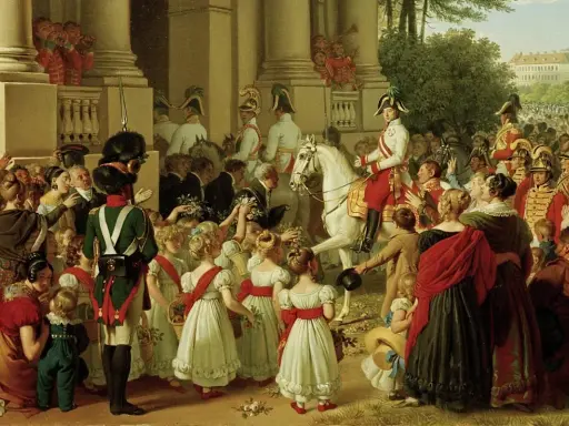 Kaiser Franz II. (Frankreich) auf weißem Pferd, umringt von jubelnden Menschen und Soldaten. Kinder reichen Blumen.