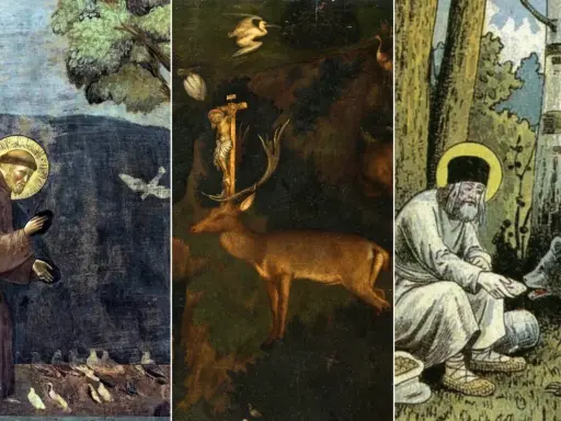 Heiliger Franziskus, der Schutzpatron der Tiere, füttert Vögel. Daneben ein Hirsch vor einem Kreuz und ein Mann mit einem Bären.