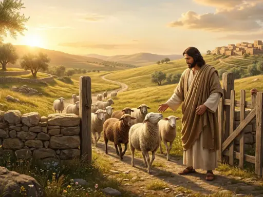 Jesus, der Herr, ist kein Hirte, sondern führt Schafe mit einem älteren Mann durch eine sonnige Landschaft.