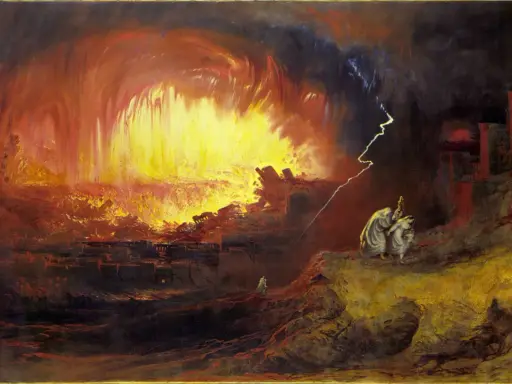 Feuerregen und Blitze vernichten Sodom und Gomorrha. Zwei Gestalten blicken auf die Zerstörung, während eine einsame Figur flieht.