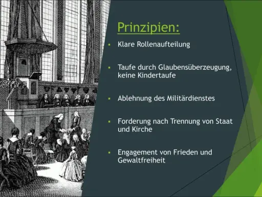 Historische Darstellung einer Kirche mit Predigtstuhl. Erläutert Prinzipien, die zeigen, was sind Mennoniten: Glaubenstaufe, Gewaltfreiheit, Trennung von Staat und Kirche.