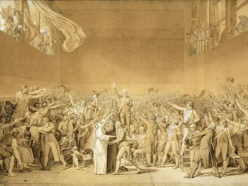 Ein Schwur im Ballhaus von Versailles, Frankreich, 17. Jahrhundert. Eine Menge erhebt die Hände, um einen Eid zu leisten.