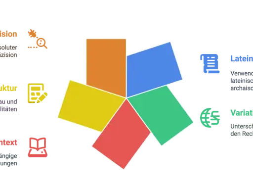Diagramm zeigt Elemente des lateinischen Rechts: Präzision, Struktur, Kontext, lateinische Begriffe und Variationen.