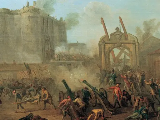 Sturm auf die Bastille, Paris, 17. Jahrhundert. Kanonen feuern, Menschen kämpfen vor der Festung.