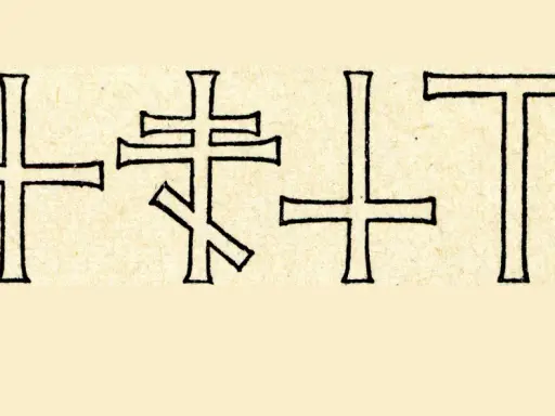 Verschiedene christliche Kreuze, darunter ein orthodoxes Kreuz und ein Tau-Kreuz, sind auf hellem Papier in schwarzer Tinte gezeichnet.